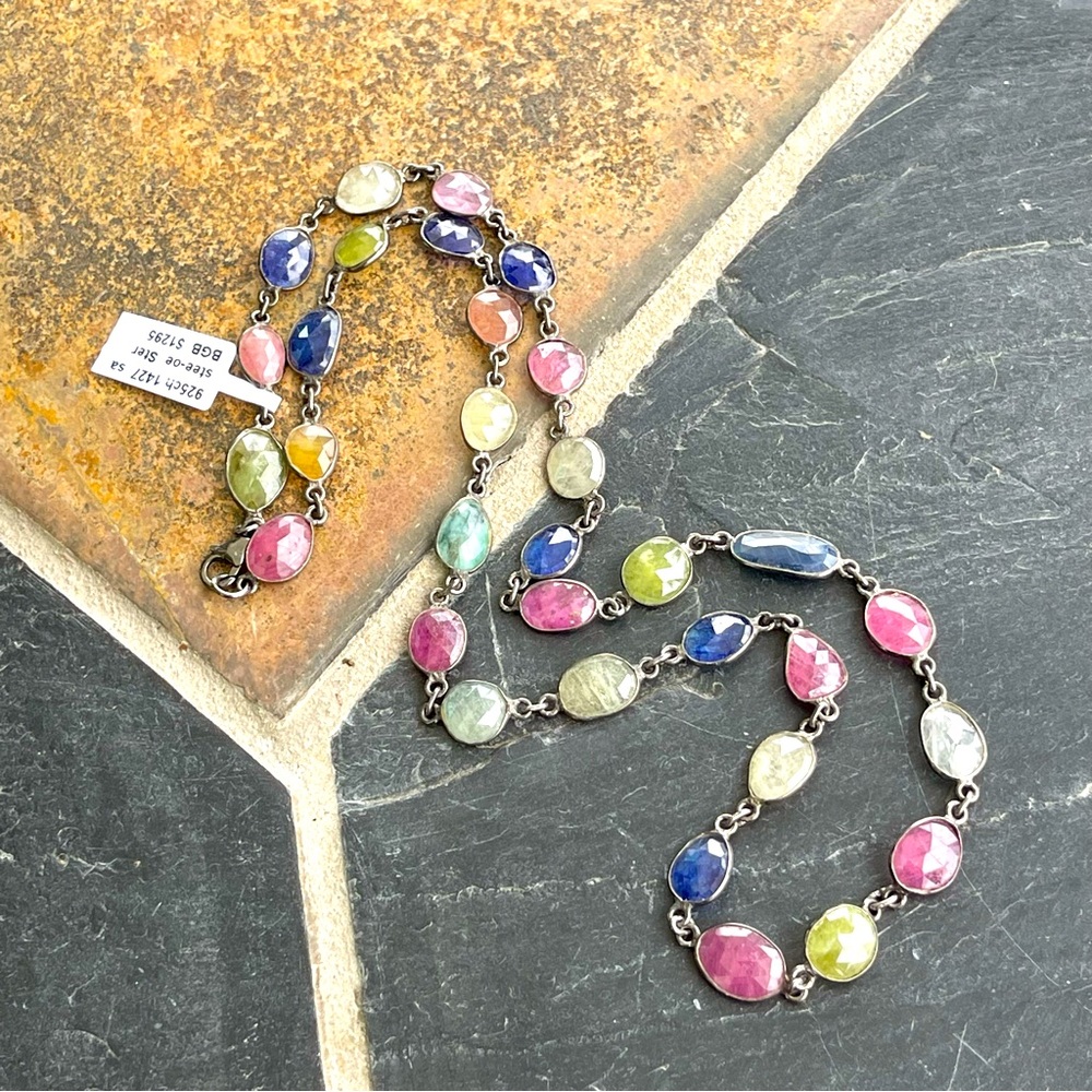 One of A kind Multi-Color Faceted Sapphire Gemstone Necklace 24” long.